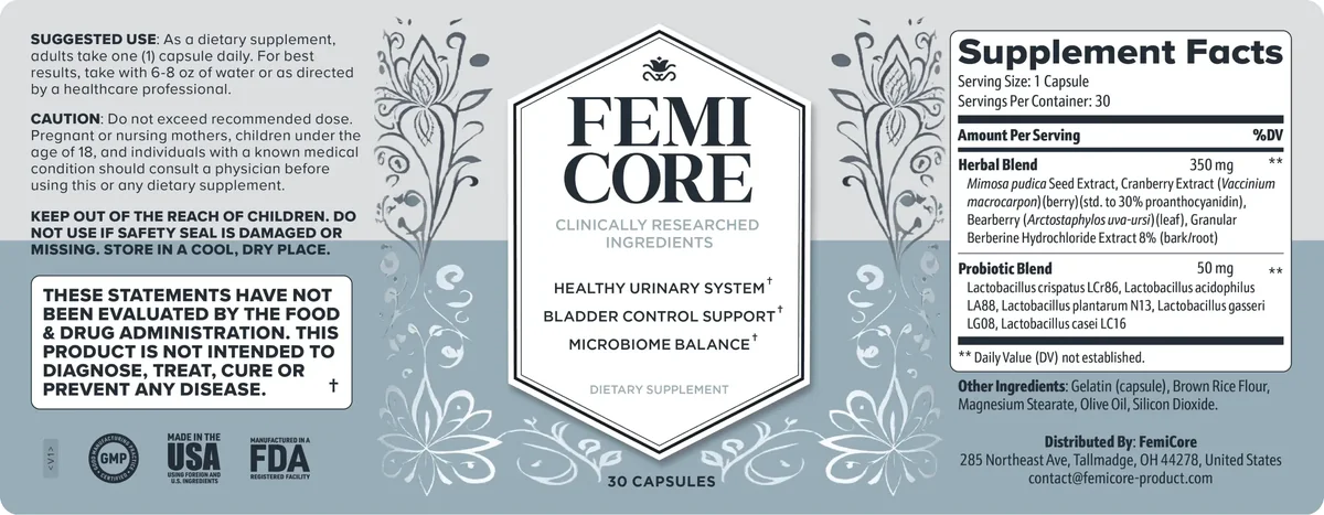 FemiCore ingredients — cranberry, bearberry, berberine and Lactobacillus strains